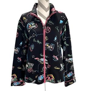 Koret XL Bon Voyage Travel Theme‎ Full Zip Jacket Sweatshirt Black Pink